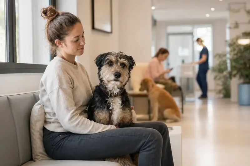 Ein Barzaia Hund sitzt entspannt neben seinem Besitzer im hellen Wartezimmer einer modernen Tierarztpraxis.